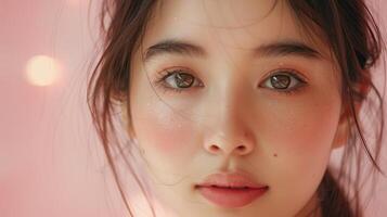 Captivating Young Woman With Sparkling Eyes Posing Against a Soft Pink Backdrop in a Beautiful Setting photo