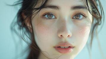 Captivating Young Woman With Flowing Hair Stares Emotionally Into Camera Under Soft Natural Light photo
