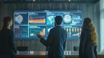 Dynamic Business Meeting in Modern Conference Room With Data Presentation on Large Screen photo