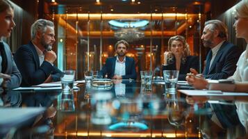 Intense Business Meeting Taking Place in Luxurious Conference Room at Night photo