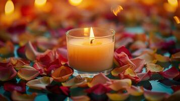 Captivating Candlelight Experience Surrounded By Colorful Rose Petals During Romantic Evening Setting photo