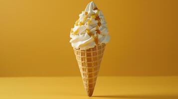 Delightful Swirls of Soft-Serve Ice Cream With Caramel Drizzle Against a Vibrant Yellow Backdrop photo