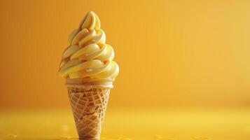 Enchanting Soft Serve Ice Cream Cone Against a Vibrant Yellow Backdrop on a Sunny Day photo