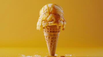 Delightful Sun-Splashed Ice Cream Cone Dripping With Sweet Honey on a Bright Yellow Background photo