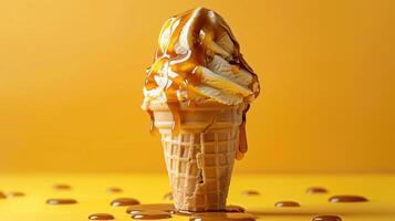 Delightful Golden Ice Cream Cone Dripping With Caramel Sauce on Vibrant Yellow Background photo