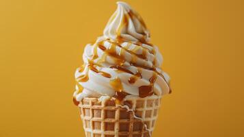 Decadent Swirls of Creamy Soft Serve With Caramel Drizzle Against a Vibrant Yellow Background photo