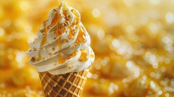 Delicious Swirls of Soft Serve Ice Cream With Caramel Drizzle in a Waffle Cone Surrounded by Golden Popcorn Bites at Summer Festival photo