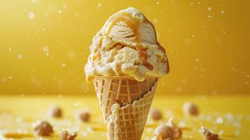 Delightful Vanilla Ice Cream Cone Drizzled With Caramel Under Warm Sunny Light photo