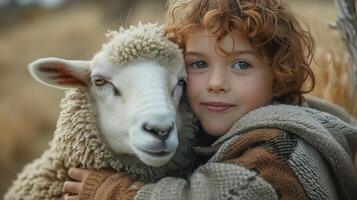 A Charming Boy Embracing A Fluffy Sheep In A Serene Pastoral Landscape During Golden Hour photo
