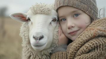A Young Child Embracing a Sheep in a Serene Countryside Setting During Late Afternoon photo