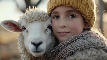 A Young Girl Embracing a Sheep in a Cozy Autumn Farm Setting photo