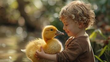 Little Child Cherishing a Yellow Duckling by a Serene Lakeside in Soft Afternoon Light photo