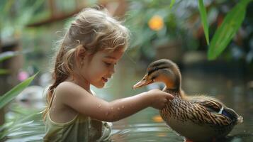 Young Girl Interacting With a Friendly Duck in a Tranquil Garden Pond on a Sunny Day photo