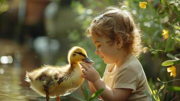 Delightful Interaction Between a Curious Child and a Playful Duckling in a Tranquil Garden During a Sunny Afternoon photo
