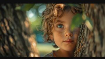 A Curious Child Peeks From Behind a Tree in a Vibrant Summer Park on a Sunny Day photo