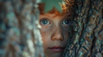 A Young Child Peering Curiously Through Trees in a Sunlit Forest photo