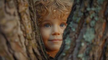 A Curious Child Peeking Through Tree Branches in a Serene Forest at Golden Hour photo