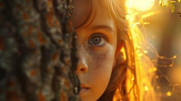Enchanted Afternoon Light Dances Through Leaves as a Curious Child Peeks From Behind a Tree Trunk photo