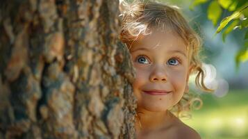 A Playful Child Peeking Around a Tree on a Bright Summer Afternoon in a Lush Green Park photo