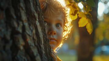 A Curious Child Peering Around a Tree Trunk While Bathed in Golden Sunset Light photo