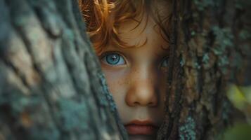 Captivating Young Boy With Red Hair Peering Through Tree Bark in Lush Forest During Sunny Afternoon photo