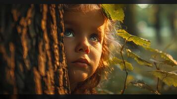 A Curious Child Peeking From Behind a Tree in a Sunlit Forest During Autumn photo