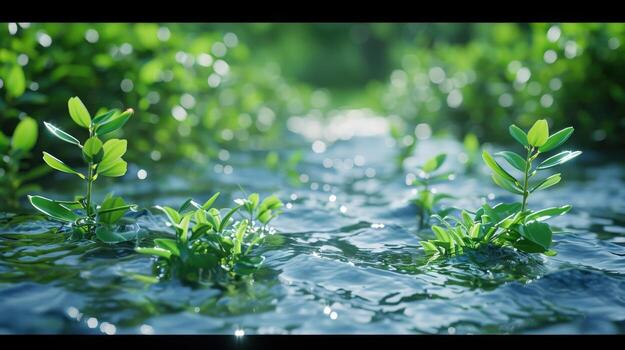 Lush Greenery Emerging From Calm Waters Under Bright Sunlight in a Tranquil Natural Setting photo
