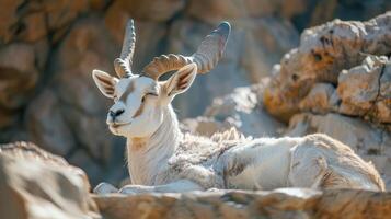 Majestic Mountain Goat Resting Peacefully Amidst Rocky Outcrops In A Sunny Afternoon photo