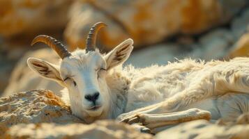 Resting Mountain Goat Enjoying a Sunny Day on Rocky Terrain in the Wilderness photo