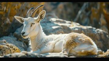 A Serene Mountain Goat Resting on Rocky Terrain Under a Clear Blue Sky photo