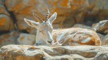 Majestic Mountain Goat Relaxing on a Sunlit Rock Formation in a Natural Habitat at Midday photo