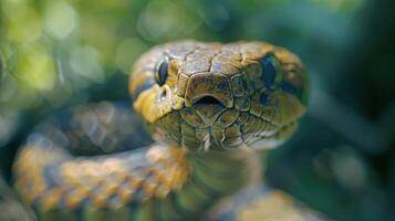 Majestic Golden Python Illuminated By Sunlight In Lush Jungle During Early Morning Hours photo
