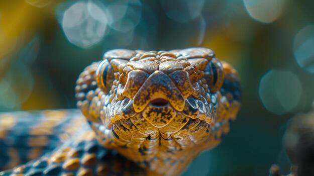 Intricate Close-Up of a Striking Snake in Lush Jungle Underneath a Bright Canopy photo