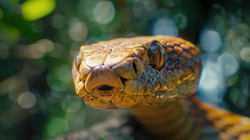 Colorful Snake Curiously Emerging From Lush Greenery Under Bright Sunlight in a Tropical Forest photo