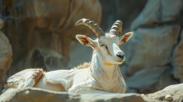 Graceful Mountain Goat Relaxing Amidst Rocky Terrain Under Warm Afternoon Sunlight photo