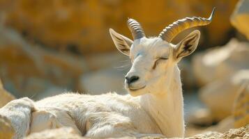 Majestic White Goat Resting on Rocky Terrain Under Warm Afternoon Sunlight in a Serene Desert Landscape photo