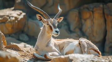 Graceful Antelope Relaxing on a Rocky Outcrop Under the Warm Sunlight in a Serene Landscape photo