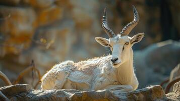Majestic Gazelle Resting on Rocky Terrain Under Gentle Sunlight in Early Morning photo