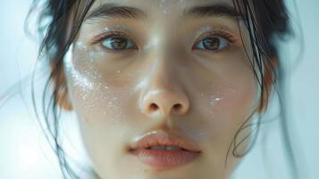A Serene Close-Up Portrait of a Young Woman With Glowing Skin in a Soft Light Setting photo