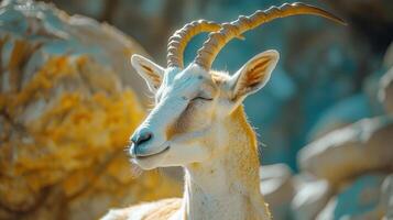 Joyful Mountain Goat Standing Amidst Colorful Rocks Under Bright Sunlight in a Serene Natural Landscape photo