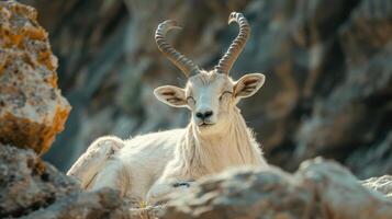 Majestic Mountain Goat Resting on Rocky Outcrop Under the Sunlight in Serene Wilderness photo