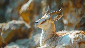 Majestic Antelope Relaxing in the Sunlight Amidst Rocky Terrain on a Serene Day photo