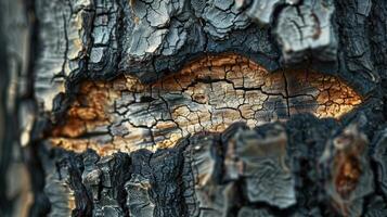 A Close-Up Exploration of Textured Tree Bark With Glowing Element Underneath During Golden Hour Light photo