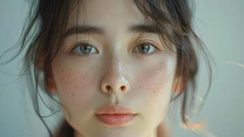 Captivating Portrait Of A Young Woman With Freckles And Expressive Blue Eyes photo