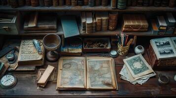 A Vintage Study Desk Filled With Ancient Books, Maps, and Intriguing Antique Tools at Twilight photo