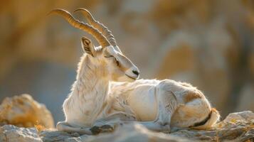 Majestic Mountain Goat Resting on Rocky Outcrop Under Soft Evening Light photo