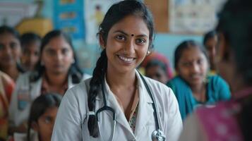 Compassionate Young Doctor Engaging With School Children in a Vibrant Classroom Setting photo