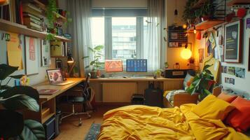 Cozy Urban Bedroom With Vibrant Decor and Dual Computer Setup in Modern Apartment photo