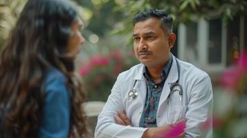 Compassionate Doctor Discusses Patient's Condition in Blossoming Garden During Afternoon photo