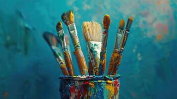 Vibrant Collection of Paintbrushes Displayed in A Colorful Holder Surrounded by Artistic Background photo